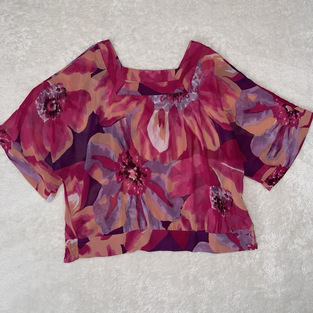Ana Sheer Top Plus Size 1X Bold Floral Pink Purple Half Sleeve Square Neck